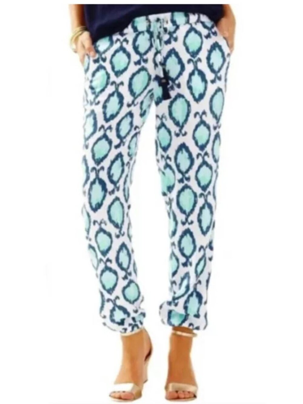 Lilly Pulitzer Ikat Print Jogger Pants Blue White Elastic Waist Size S